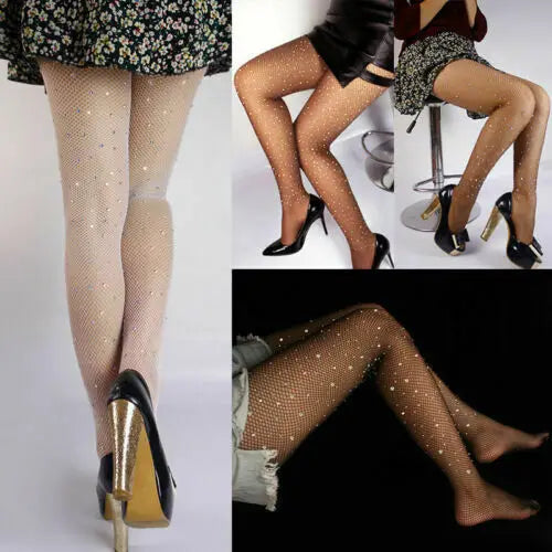 Women Sexy Long Stockings Tights Rhinestone Mesh Fishnet Pantyhose Plus Size Bling Female Tights Hosiery Meias Collant Femme