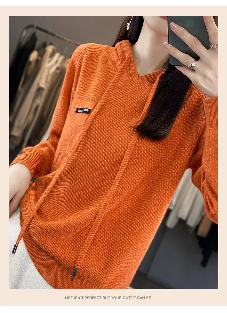 Autumn Winter Women Sweater 2024 Long Sleeve Hooded Pullovers Fashion Korean Knit Hoodie Sweaters Casual Warm Bottoming Jumper