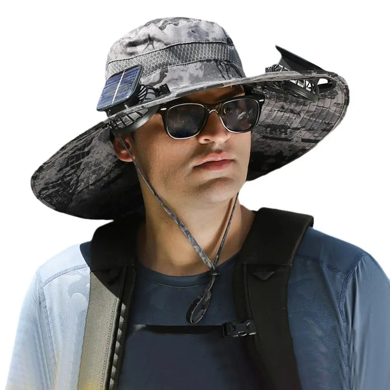 Para acampar al aire libre, pescar, hacer senderismo, protector solar, sombrero de pescador, gorra con ventilador solar, gorra de carga solar portátil con ventilador adecuada