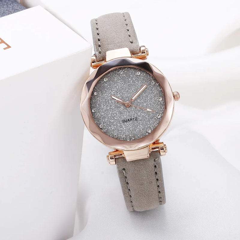 Reloj de pulsera de cuarzo negro vintage con correa esmerilada y esfera redonda con diamantes de imitación, color plata, rosa y cielo estrellado para mujer