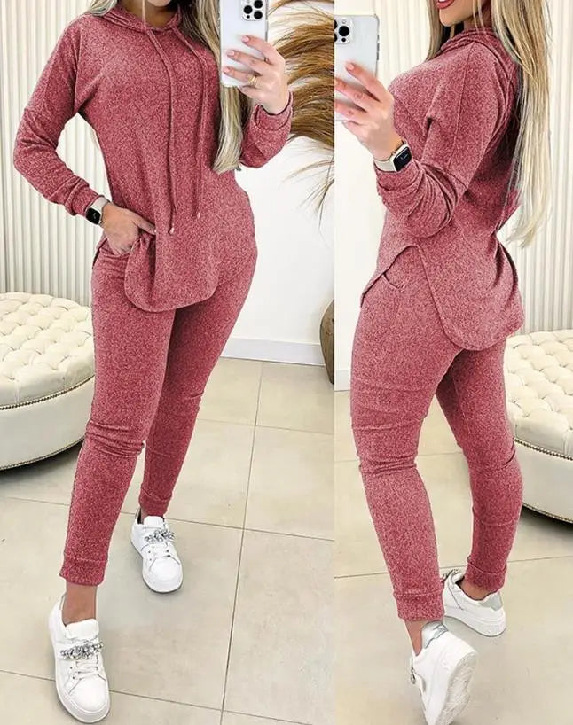 Conjunto de 2 piezas para mujer, moda de primavera 2024, sudadera con capucha de manga larga con abertura en el dobladillo y pantalones casuales de cintura alta con diseño de bolsillo