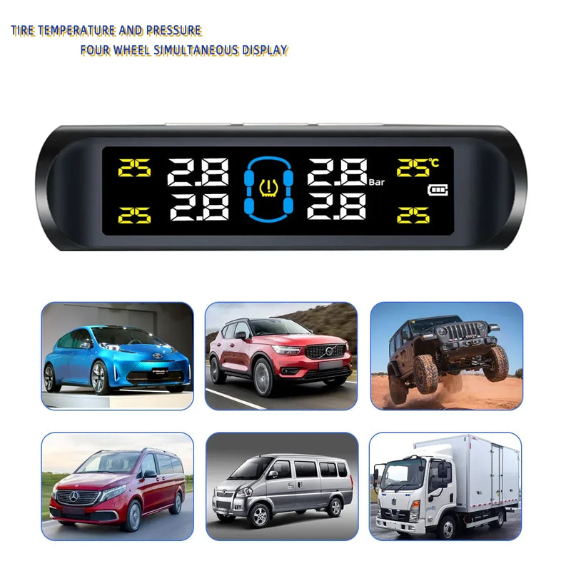 TPMS 4 Sensors Car Tire Pressure Alarm Monitor System Solar Smart Intelligent Warning Display Auto For Car SUV MPV