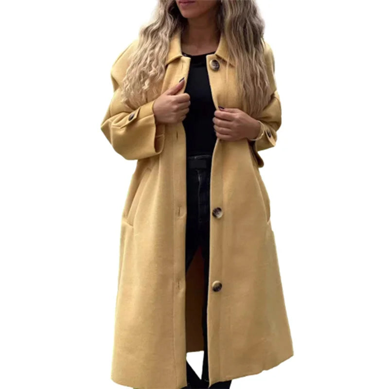 Autumn Winter Single-breasted Cardigan Tweed Jacket Women Large Lapel Double Pockets Long Outerwear Female Casual Commuter Coat