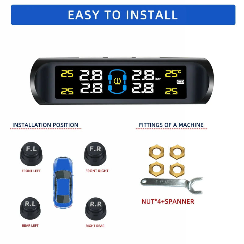 TPMS 4 Sensors Car Tire Pressure Alarm Monitor System Solar Smart Intelligent Warning Display Auto For Car SUV MPV