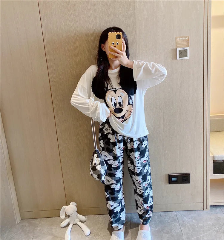 Disney Donald Duck new women's pajamas autumn cotton long-sleeved trousers two-piece set silk pajamas women's loungewear set