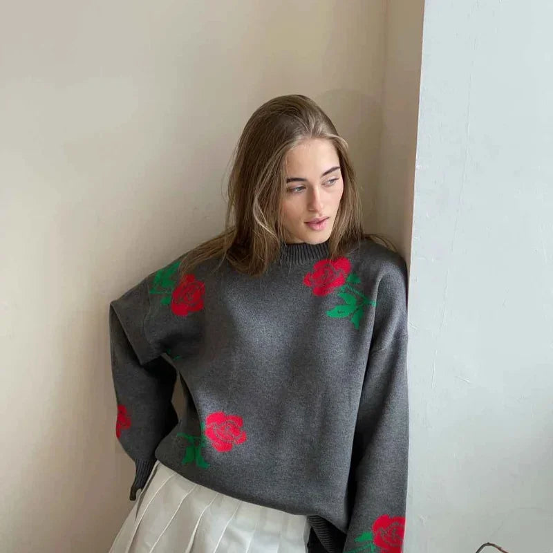 Women Elegant Flower Printed Knitted Jumper Top Chic Round Neck Long Sleeves Loose Pullovers Autumn Lady Fashion Streetwear 2024