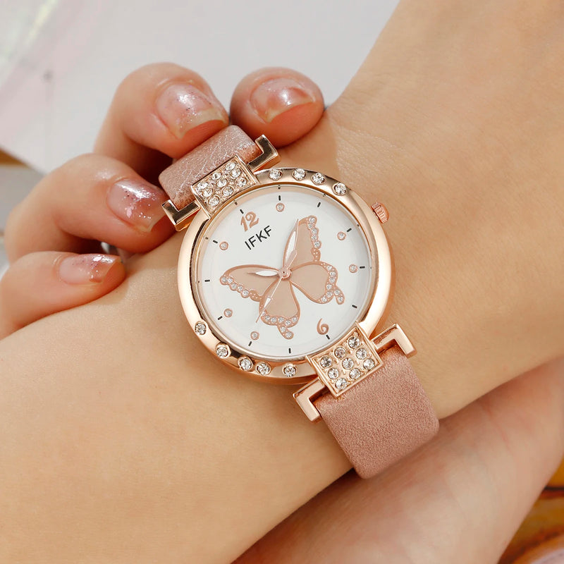 Nuevo reloj de cuarzo con cinturón sencillo de moda coreana, edición para mujer + conjunto de joyas de tres piezas