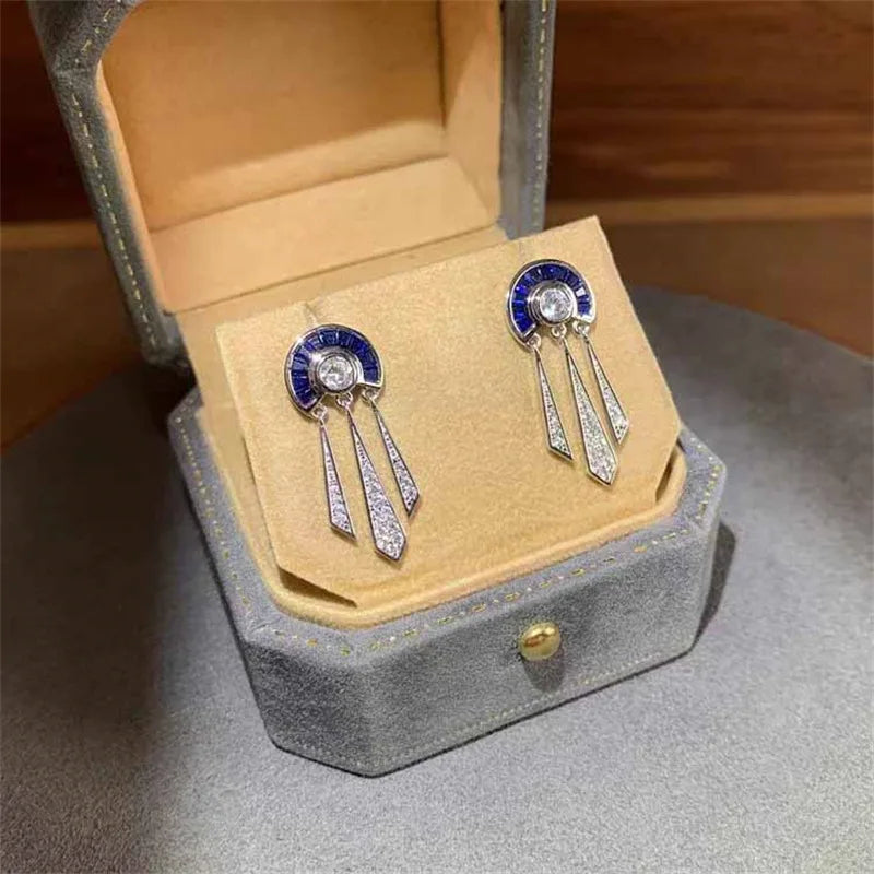 Elegant Vintage Women's Lab Sapphire Semicircle Tassels Zircon Drop Earrings 925 Silver Brilliant Anniversary Prom Fine Jewelry