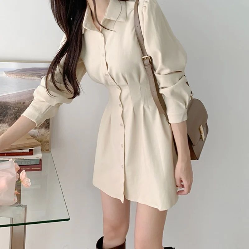 Korean Chic Fashon Slim Mini Long Sleeve Dress Women's 2024 Spring Autumn New Elegant Casual Polo Shirt Dresses Solid Clothing