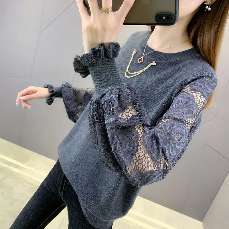 2023 New Spring and Autumn Round Neck Pullover Hollow Out Sweater Women's Knitted Loose Lace Fashion Casual Top Chain Trend