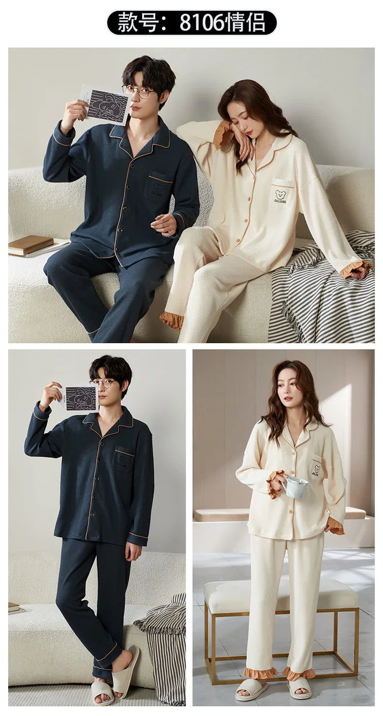 Cotton Sleepwear For Couples Korean Cardigan Men Pijamas Women Pajamas Set Long Sleep Tops Pant Nightwear Pjs pareja hombre