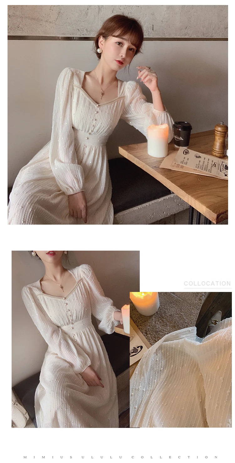 2024 Summer New Women Fashion Elegant White Midi Dresses Vintage Princess Female Party A Line Clothes Prom Robe Vestdios