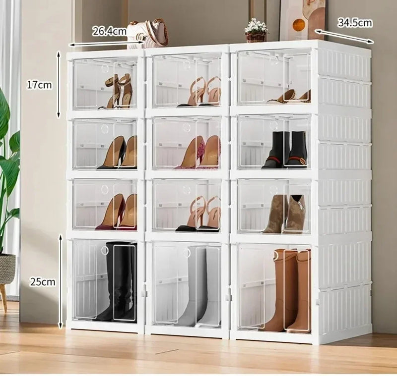 Organizador de zapatos, cajas de almacenamiento de zapatos de plástico plegables para zapatillas, apilables, a prueba de polvo, gabinete transparente, estante para zapatos de varias capas