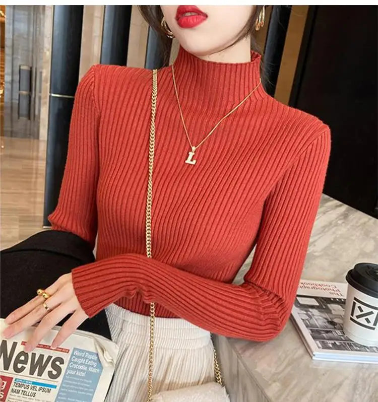 Epligg Women Turtlneck Sweater Long Sleeve Casual Slim Pullover Fashion Simple Chic Clothes Elegant Solid Basic Knitted Tops