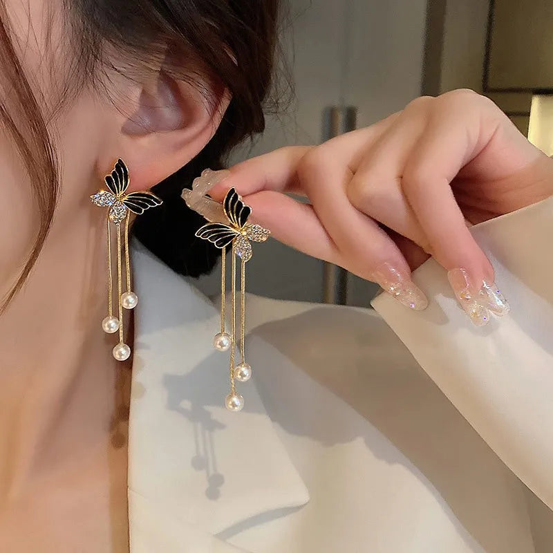 2023 New Double Layer Shiny Zircon Circle Long Gold Color Tassel Chain Earrings for Women Exquisite Elegant Wedding Jewelry