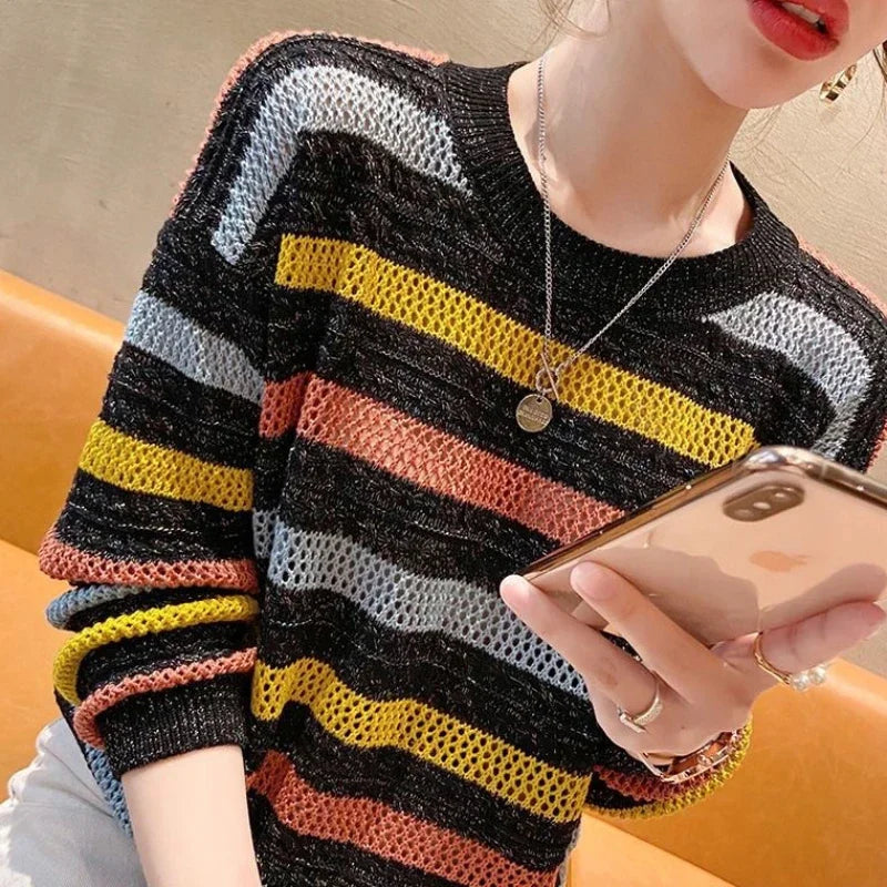 Women's Sweater Round O Neck Knit Tops for Woman Blue Mesh Pullovers Y2k Vintage Trend 2024 Korean Luxury Cold Winter Fashion