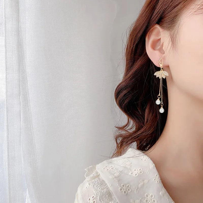 2023 New Double Layer Shiny Zircon Circle Long Gold Color Tassel Chain Earrings for Women Exquisite Elegant Wedding Jewelry