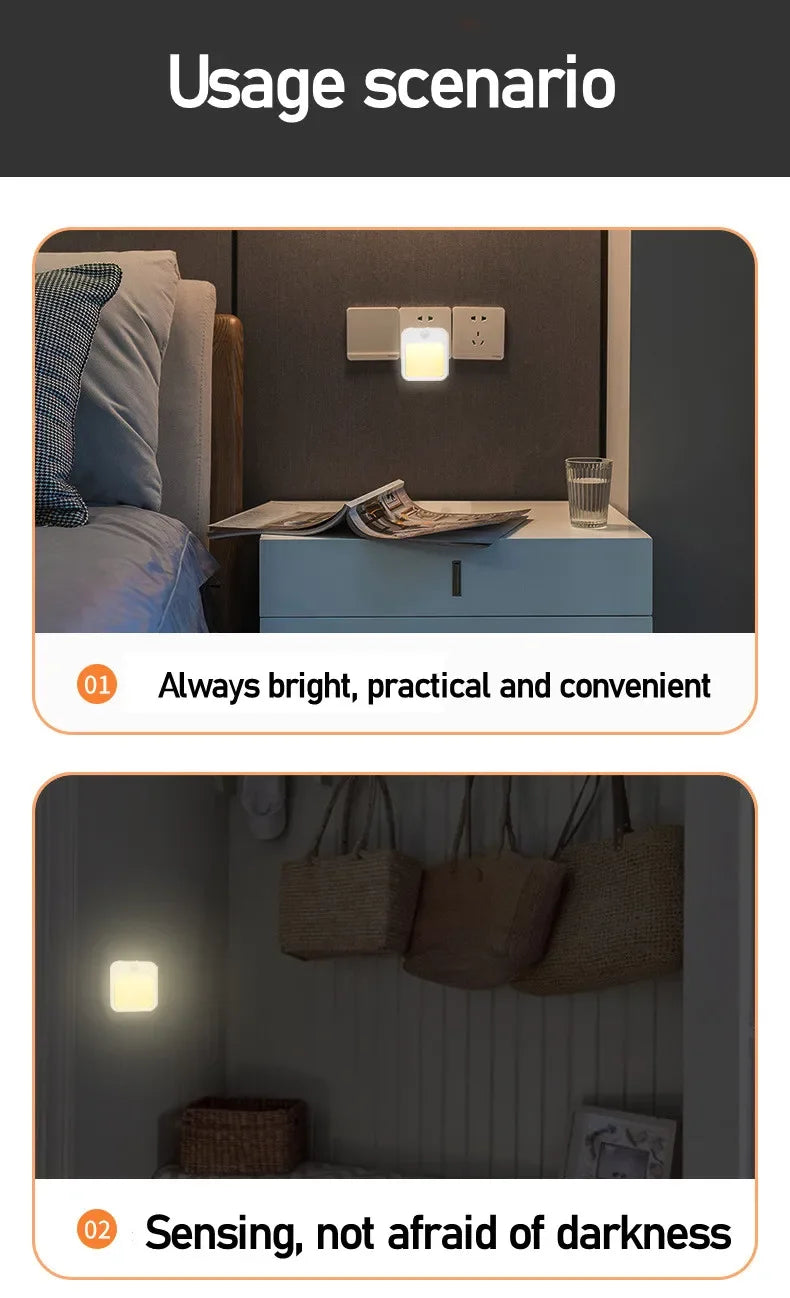 Luces LED nocturnas con sensor de movimiento, enchufe europeo, luz regulable para armario, mesita de noche de bebé, dormitorio, pasillo, lámpara de noche inalámbrica