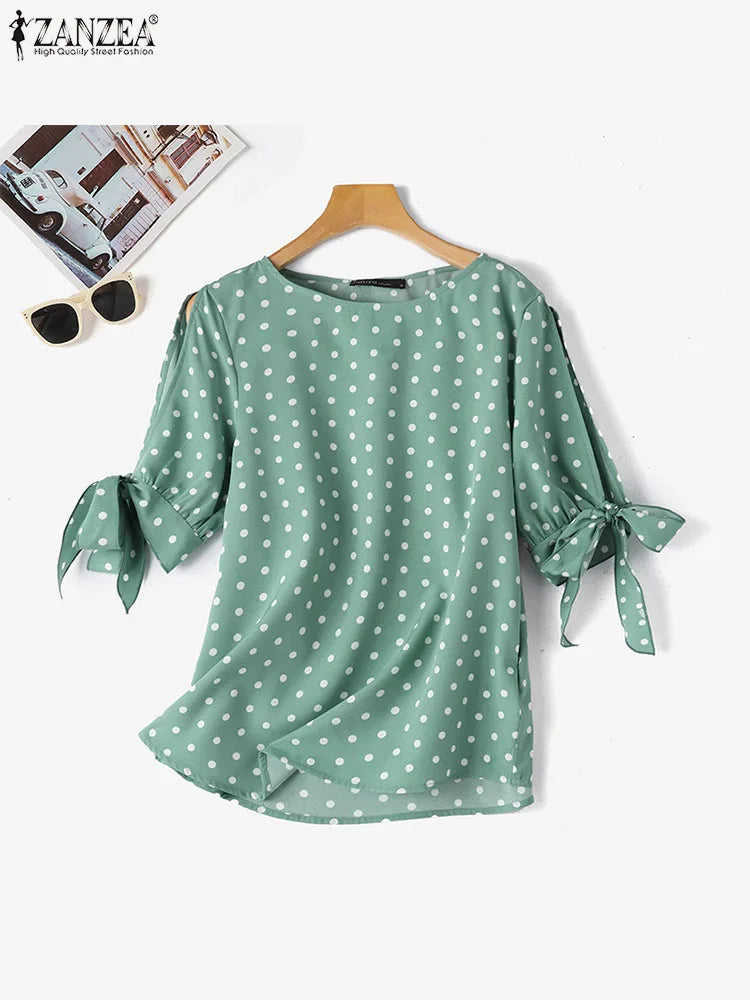 ZANZEA Woman Casual Polka Dots Printed Blouse Fashion Holiday Shirt Half Sleeve O-Neck Tunic Tops Elegant Party Chemise Oversize