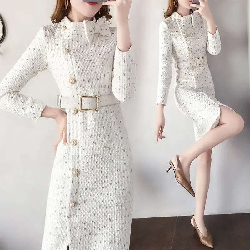 Women Autumn Winter Korean New O-Neck Woolen Dress Fashion Button Bow Long Dress Casual Waist Closing Long Sleeve A-line Dress