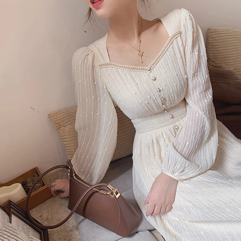 2024 Summer New Women Fashion Elegant White Midi Dresses Vintage Princess Female Party A Line Clothes Prom Robe Vestdios