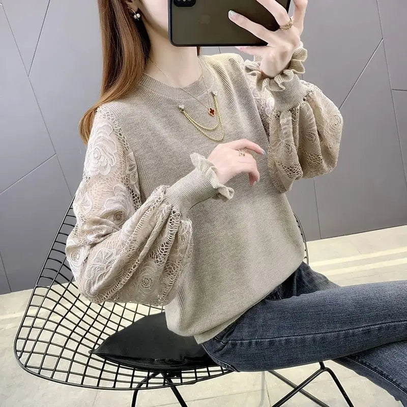 2023 New Spring and Autumn Round Neck Pullover Hollow Out Sweater Women's Knitted Loose Lace Fashion Casual Top Chain Trend