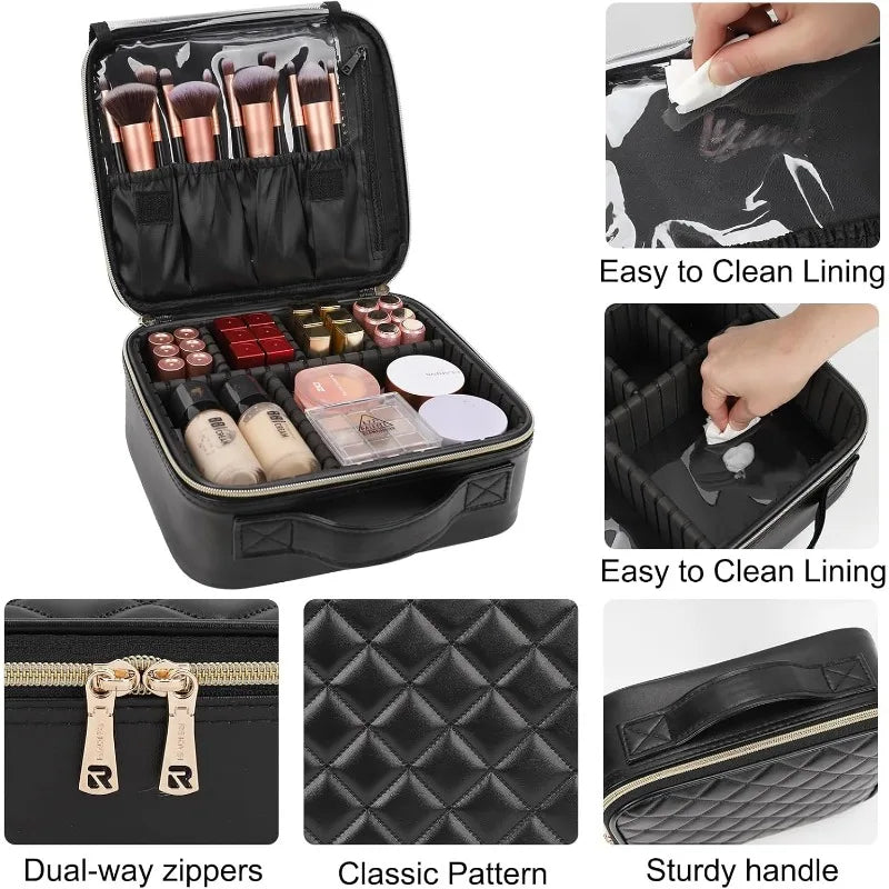 Estuche de viaje para maquillaje, organizador de cosméticos y maquillaje, bolsa de almacenamiento portátil para artistas con divisores ajustables