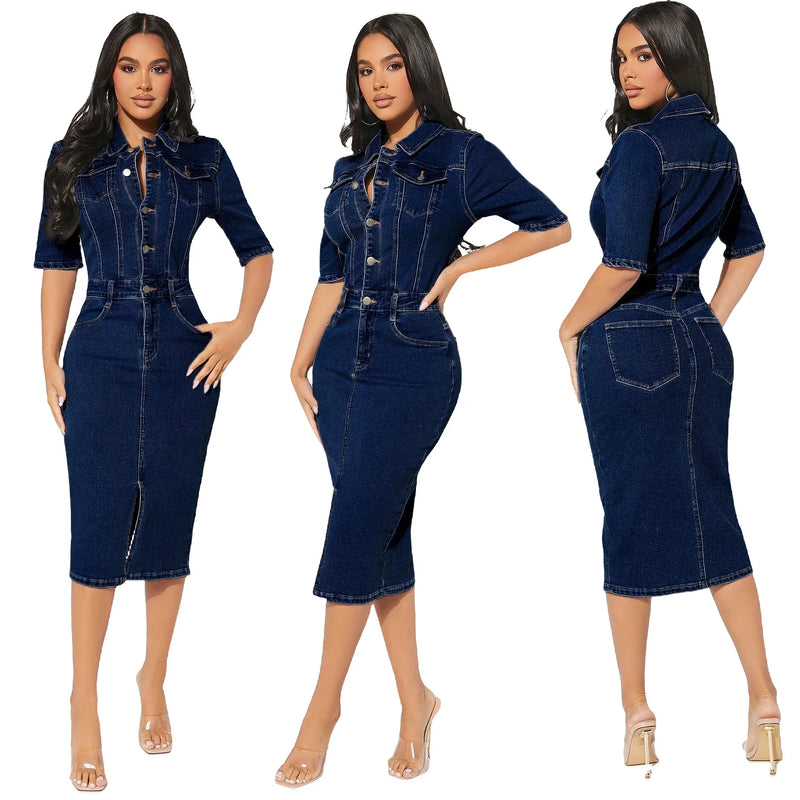 Trending Women Short Sleeve Elastic Buttons Jeans Denim Mid Length Dress Women For Autumn Jean Package Hip Skirt