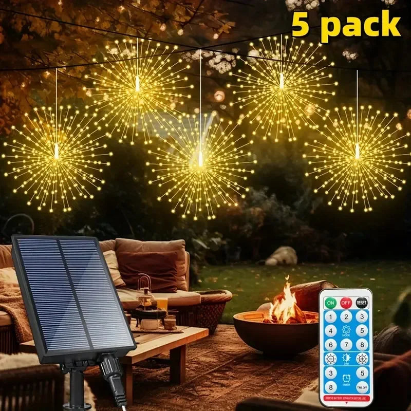 5*90LEDS Hanging Solar Firework Light 8 Modes Remote Control Solar Starburst Lamp Christmas Decor Fairy Lights Garden Yard Patio