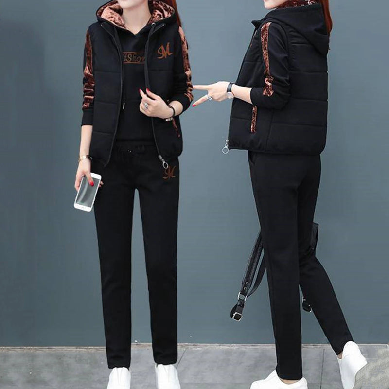 Fashion Warm Three Piece Set Women Outfit 2023 Fall Winter Thicken Tracksuit Casual Waistcoat Hoodies Pant Female Sweat Suit