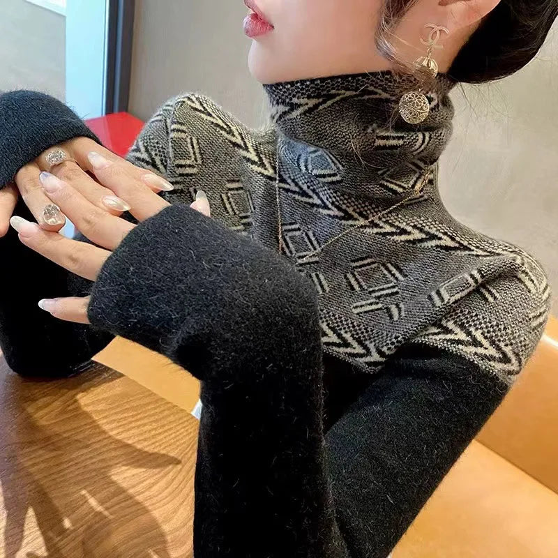 Women's Jumper Turtleneck Slim Fashion Vintage Sweaters Spring Long Sleeve Fashion Inside Basic Knitted Pullovers