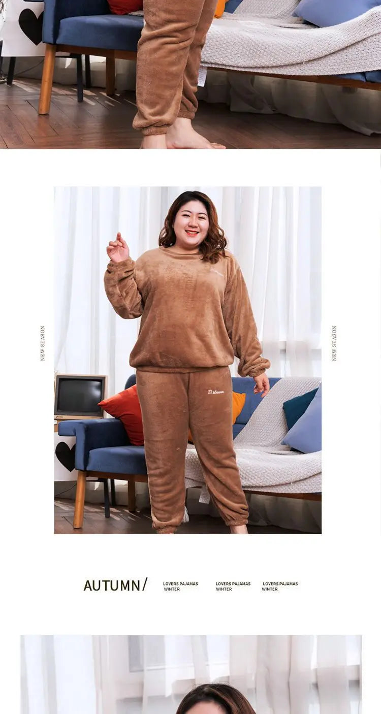 Winter Pajamas Coral Fleece Warm Pajamas Set Thick Long Sleeve Large Size 85kg Outside Pajamas Elastic Waist Trousers Pajama Set