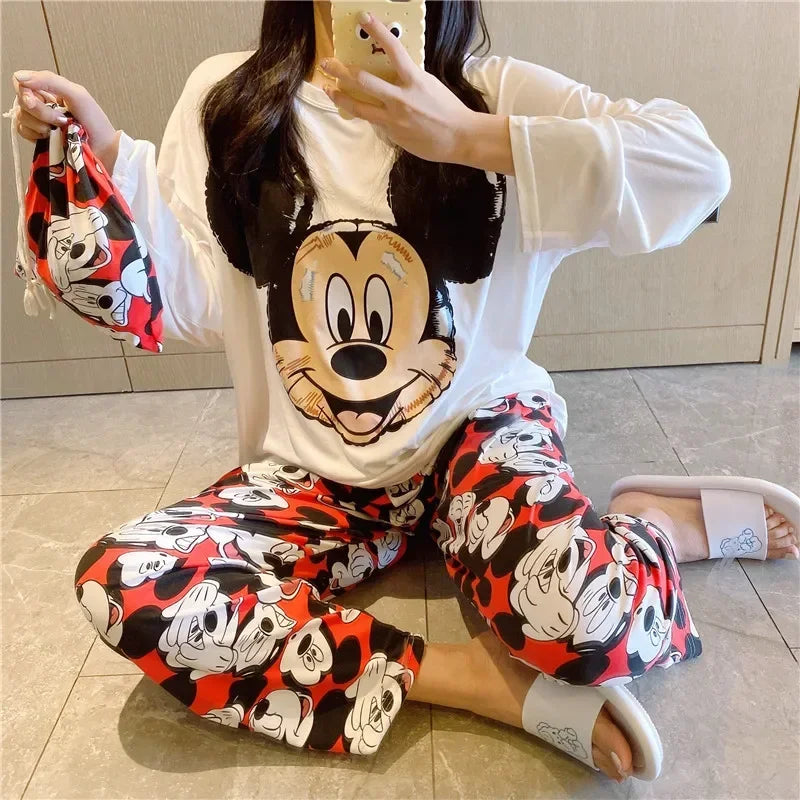 Disney Donald Duck new women's pajamas autumn cotton long-sleeved trousers two-piece set silk pajamas women's loungewear set