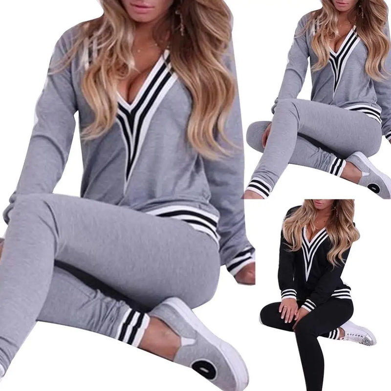 2Pcs/Set Women Casual Stripe Hem V Neck Sweatshirt Pants Cotton Sports Tracksuit