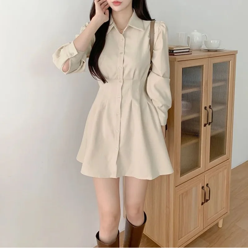 Korean Chic Fashon Slim Mini Long Sleeve Dress Women's 2024 Spring Autumn New Elegant Casual Polo Shirt Dresses Solid Clothing