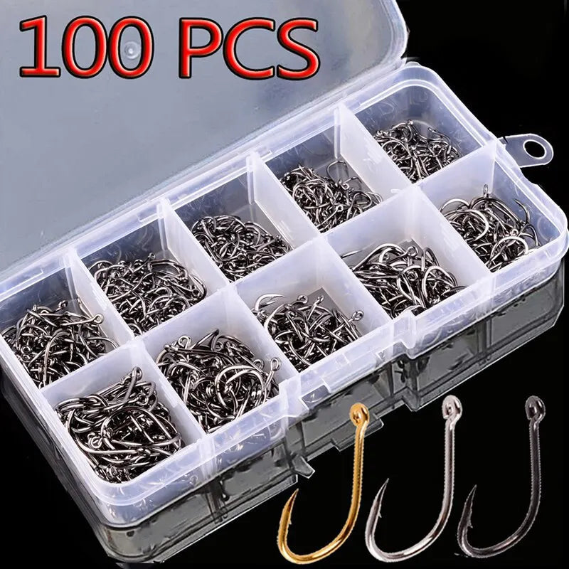 Juego de 100 anzuelos de pesca en caja, de acero con alto contenido de carbono, para agua dulce y salada, con caja de aparejos de pesca, accesorios de pesca