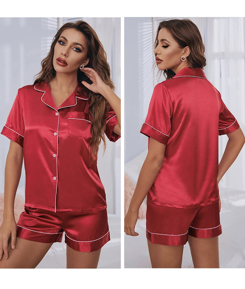 Womens Silk Satin Pajamas Set Short Sleeve Two-piece Pj Sets Sleepwear Loungewear Button-Down