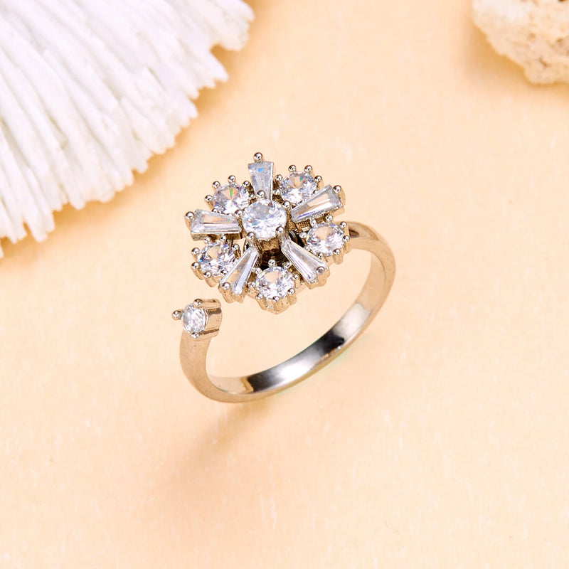 Anillo giratorio de flor de circonita cúbica brillante para mujer, anillo ajustable antiestrés y ansiedad con diseño de molino de girasol, joyería para fiestas