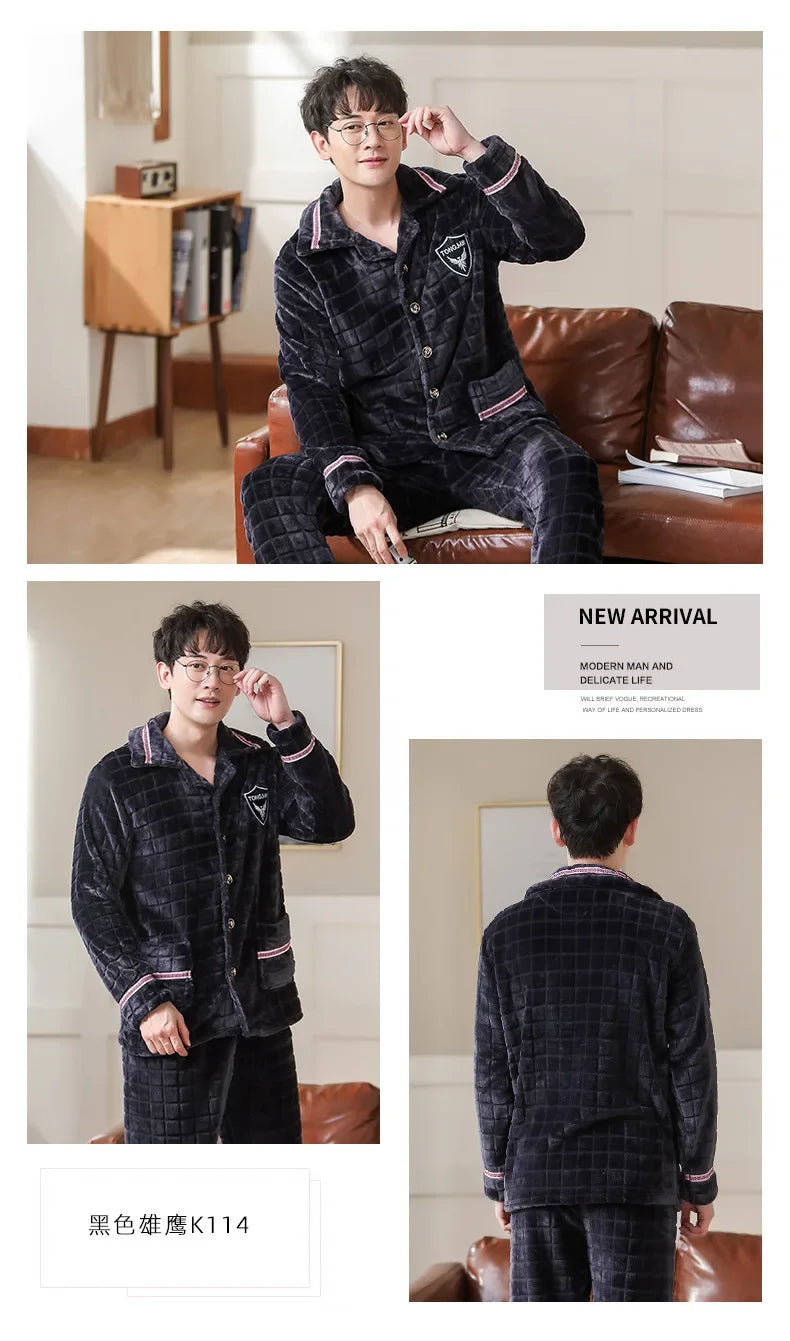 Flannel Pajamas for Men Thickened Cardigan Long-sleeved Plus Velvet  Warm Coral Fleece Men's Oversize Homewear pijama hombre