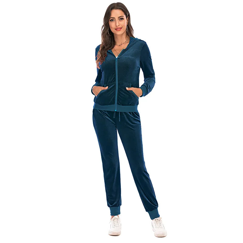 Velour Tracksuit Womens 2 Piece Sweatshirt & Sweatpants Set Full Zip Hoodie Sweatsuit with Pockets Casual Sportswear Autumn