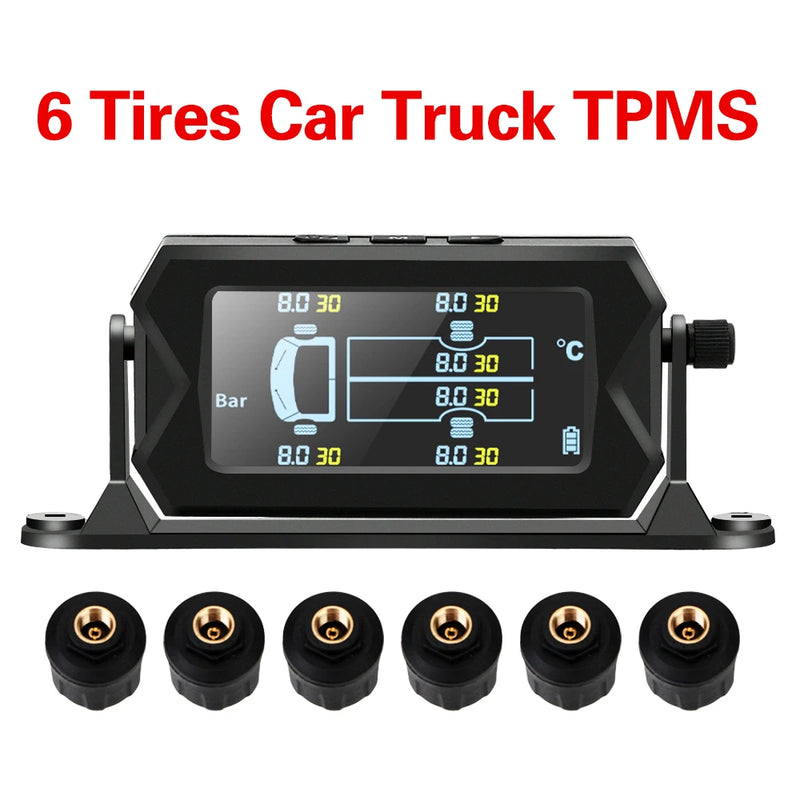 Solar Car RV Truck TPMS Tire Pressure Monitoring System With 6 External Sensors Wireless 180° Adjustable Bracket Waterproof