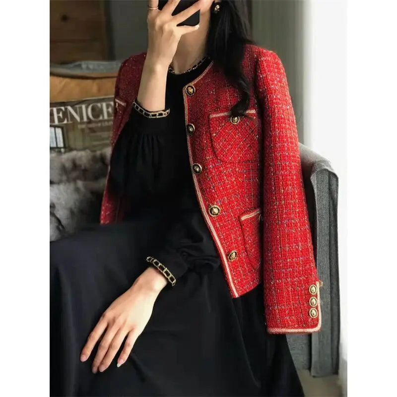 CJFHJE Red Tweed Blazers Women New Autumn Winter Loose O-Neck Single-Breasted Suit Jacket Female Korean Style Elegant Lady Coats