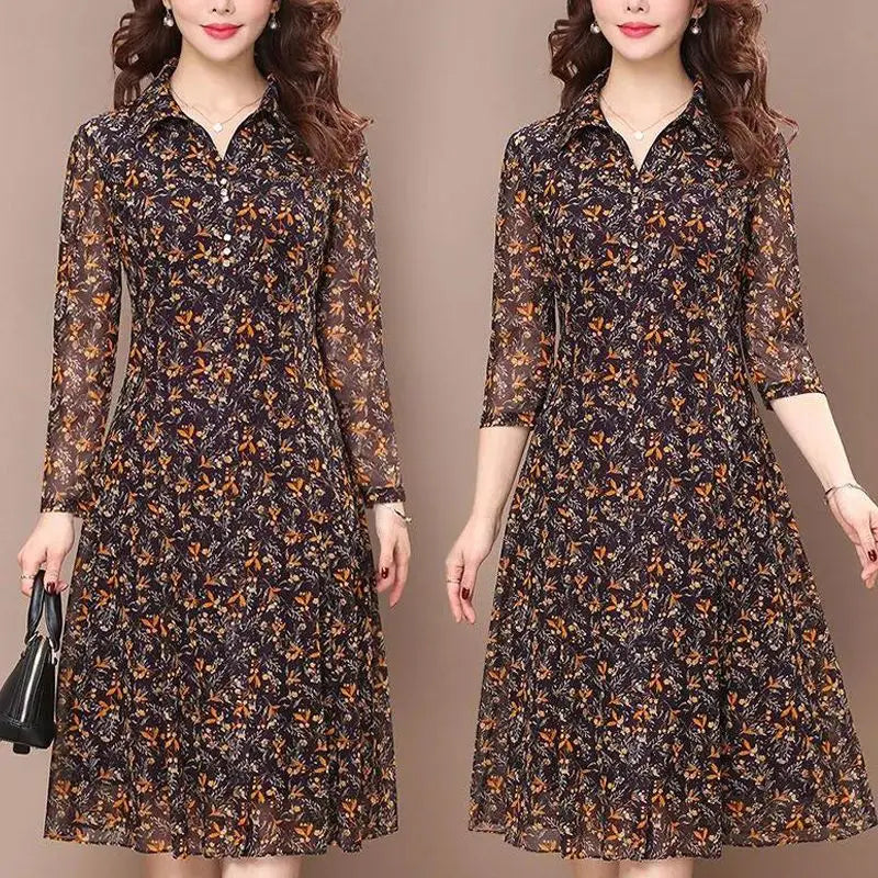 Vestido de manga larga para mujer, estampado floral, elegante, cuello vuelto, ropa de verano para mujer, vestido midi ajustado con botones, informal, combinable