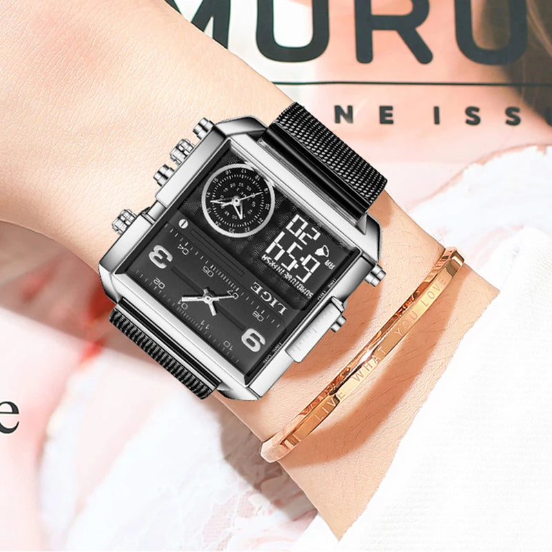 LIGE 2023 Nuevo reloj dorado para mujer, marca superior, relojes cuadrados creativos de lujo, reloj de pantalla dual de moda para mujer, reloj femenino + caja