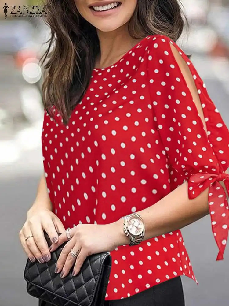 ZANZEA Woman Casual Polka Dots Printed Blouse Fashion Holiday Shirt Half Sleeve O-Neck Tunic Tops Elegant Party Chemise Oversize