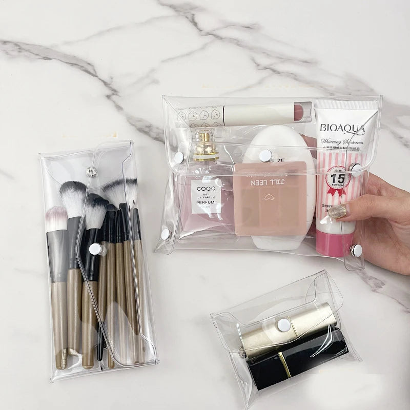 Bolsa de maquillaje transparente, organizador de cosméticos, estuche de viaje portátil para brochas de maquillaje, juego de almacenamiento de PVC transparente, artículos de tocador para baño