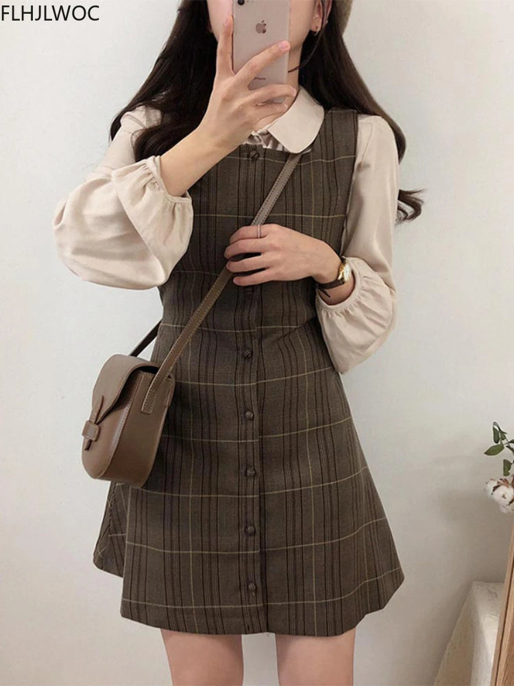 Lindo minivestido de cita de Año Nuevo sin mangas para mujer, estilo coreano japonés, diseño retro vintage, vestido camisero con botones a cuadros 11021