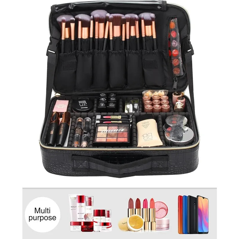 Estuche de viaje para maquillaje, organizador de cosméticos y maquillaje, bolsa de almacenamiento portátil para artistas con divisores ajustables