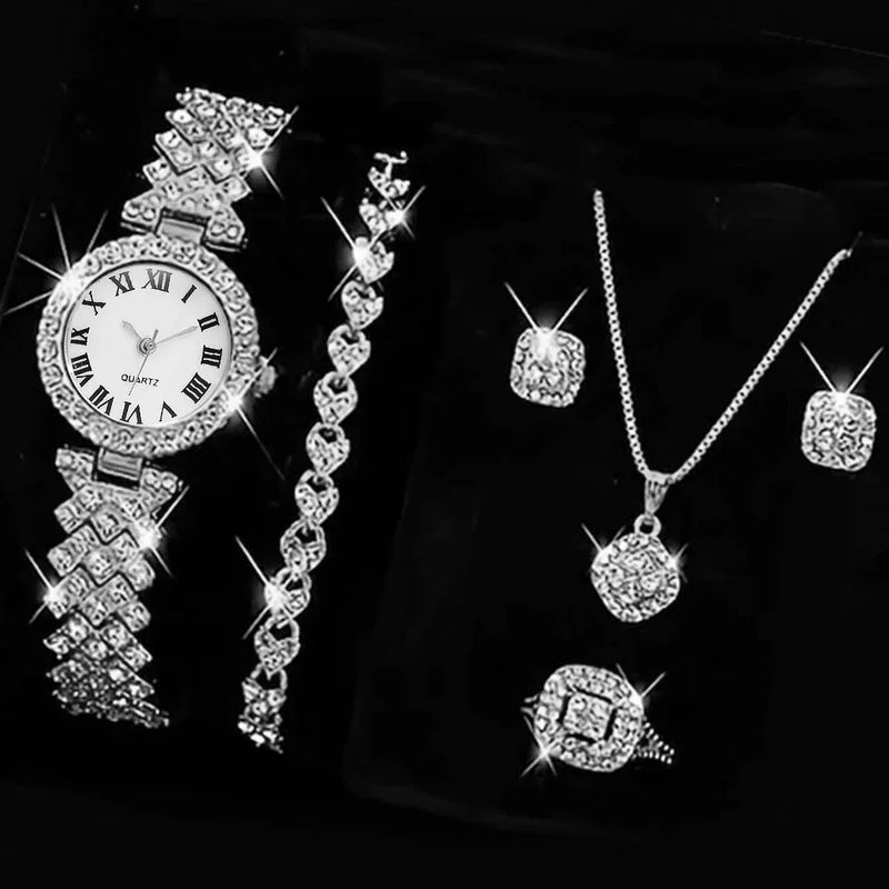 Juego de 5 piezas de relojes para mujer, anillo, collar, pendientes, diamantes de imitación, reloj de pulsera de moda para mujer, relojes casuales para mujer, conjunto de pulsera, reloj