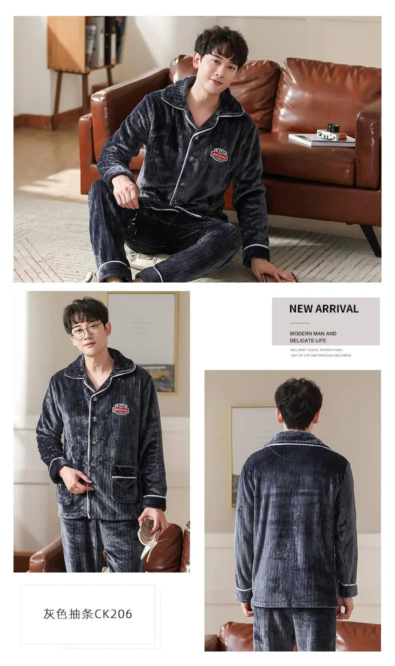 Flannel Pajamas for Men Thickened Cardigan Long-sleeved Plus Velvet  Warm Coral Fleece Men's Oversize Homewear pijama hombre